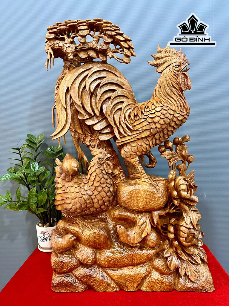 Tượng Gia Đình Gà Gỗ Hương Cao 78 Ngang 46 Sâu 13 (cm)