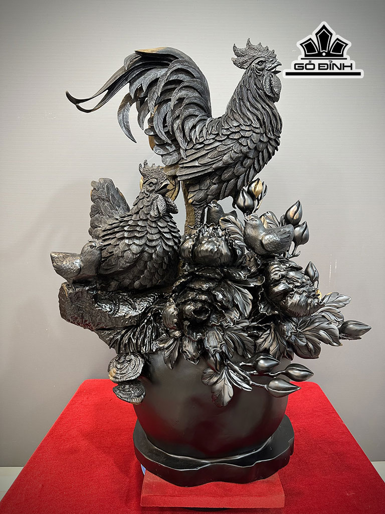 Tượng Gia Đình Gà Gỗ Mun Sừng Cao 75 Ngang 52 Sâu 34 (cm)