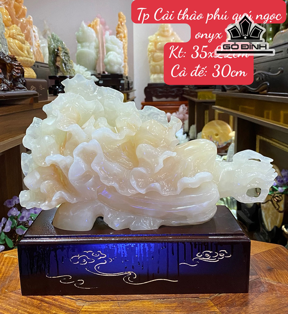 Tác Phẩm Cải Thảo Phú Quý Đá Onyx Cao 35 Ngang 22 Cả Đế Cao 30 (cm)
