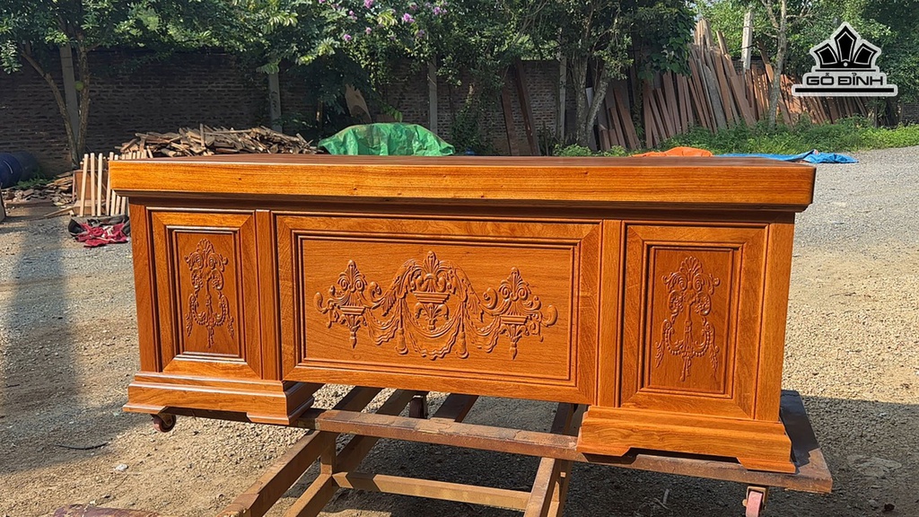 Bàn Làm Việc Gỗ Gõ Đỏ - Mặt Gỗ Gõ Naga - Mặt 12x96x203 - Chân Quay Ván (cm)