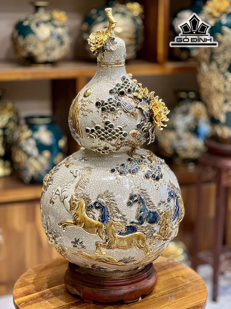 Hồ Lô Phong Thủy Vẽ Bát Mã Gốm Bát Tràng Cao 65 (cm)