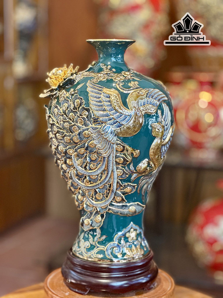 Mai Bình Đắp Công Hoa Gốm Bát Tràng Cao 38 (cm)