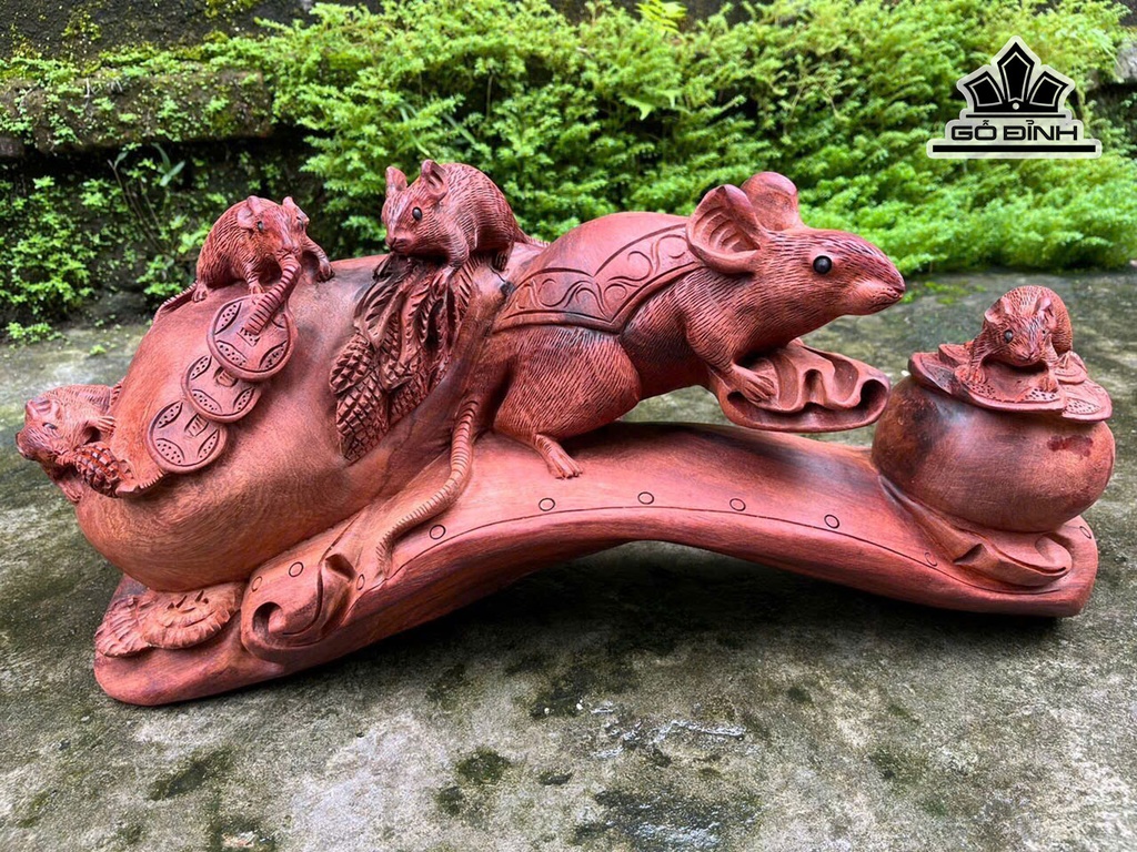 Tượng Gia Đình Chuột Chuột Gỗ Hương Cao 24 Ngang 52 Sâu 17 (cm)