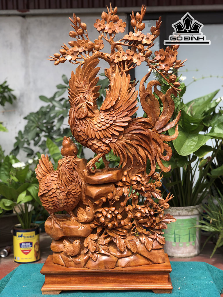 Tượng Gia Đình Gà Gỗ Ngọc Am Cao 114 Ngang 54 Sâu 20 (cm)