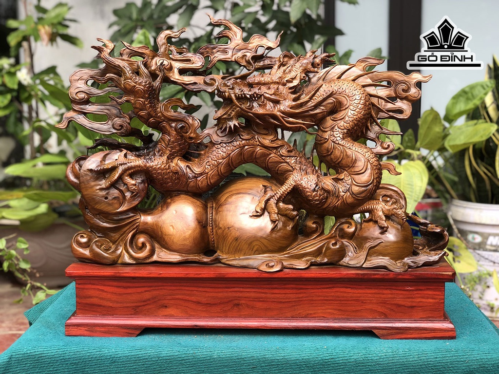 Tượng Nhất Long Vờn Hồ Lô Gỗ Bách Xanh Cao 57 Ngang 62 Sâu 17 (cm)