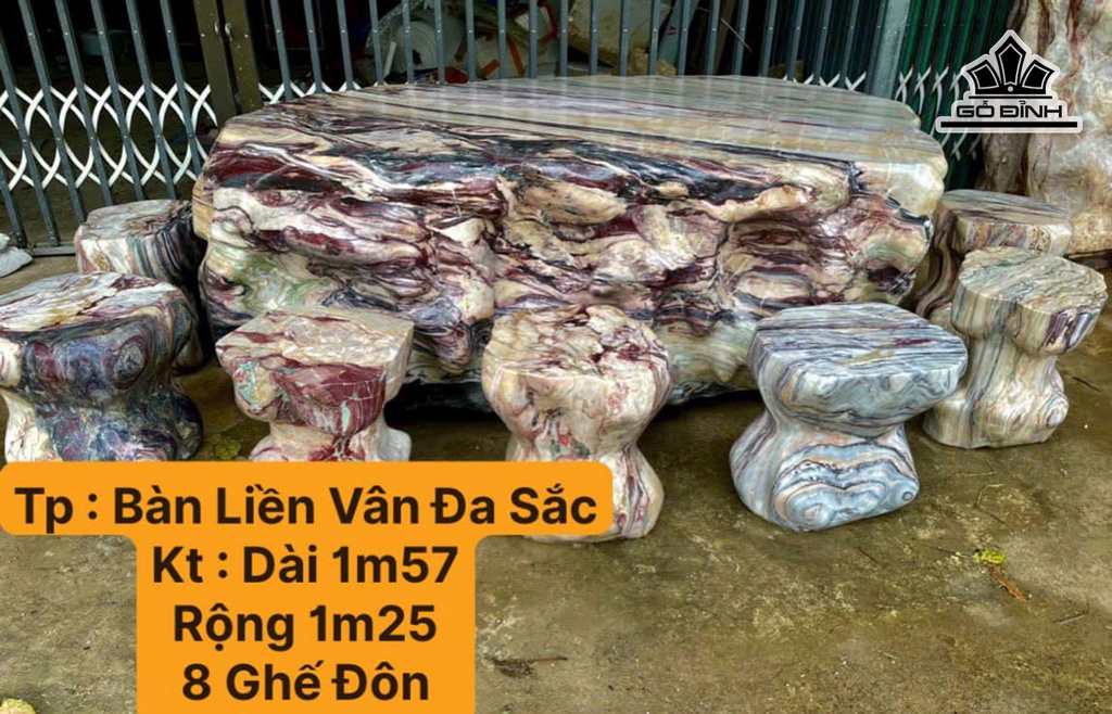 Bộ Bàn Vân Đa Sắc 8 Đôn Đá Serpentine Ngang 125 Dài 157 (cm)