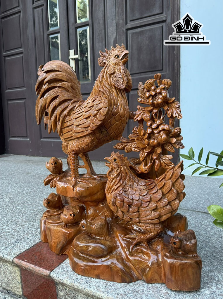 Tượng Gia Đình Gà Gỗ Ngọc Am Cao 66 Ngang 57 Sâu 27 (cm)