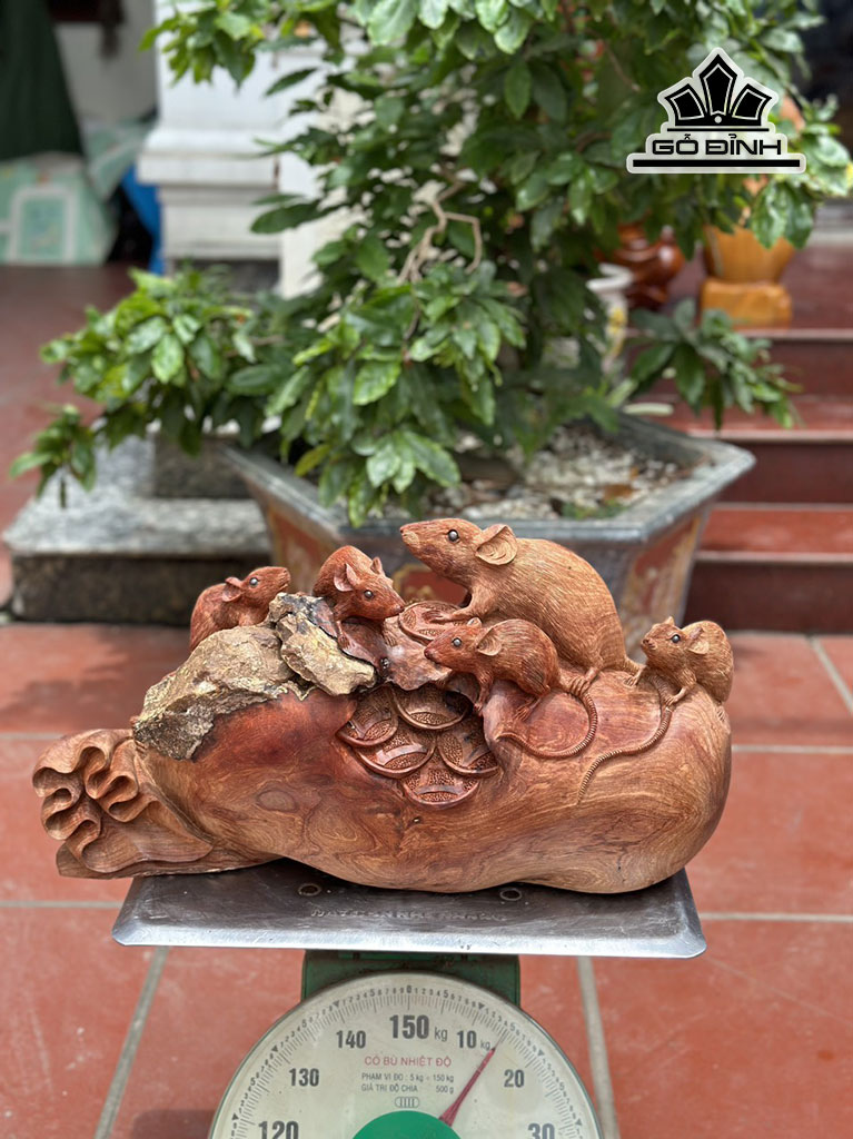 Tượng Gia Đình Chuột Phong Thủy Gỗ Hương Cao 29 Ngang 55 Sâu 21 (cm)