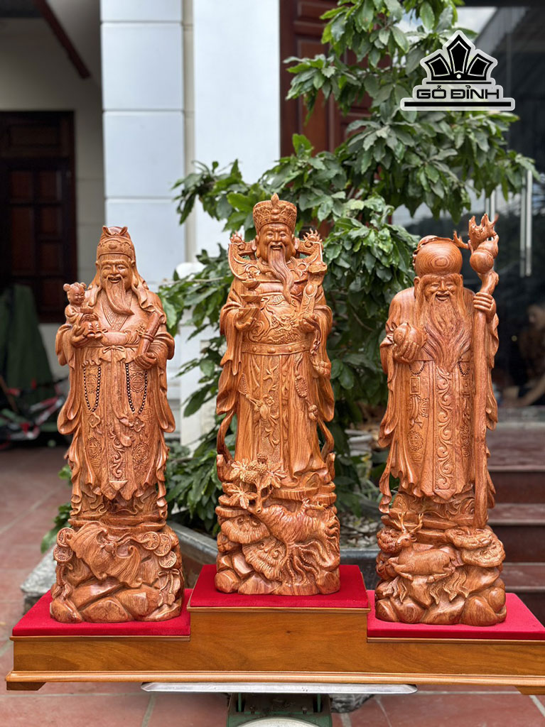 Tượng Phúc Lộc Thọ (Tam Đa) Gỗ Hương Đá Cao 69 Ngang 22 Sâu 19 (cm)