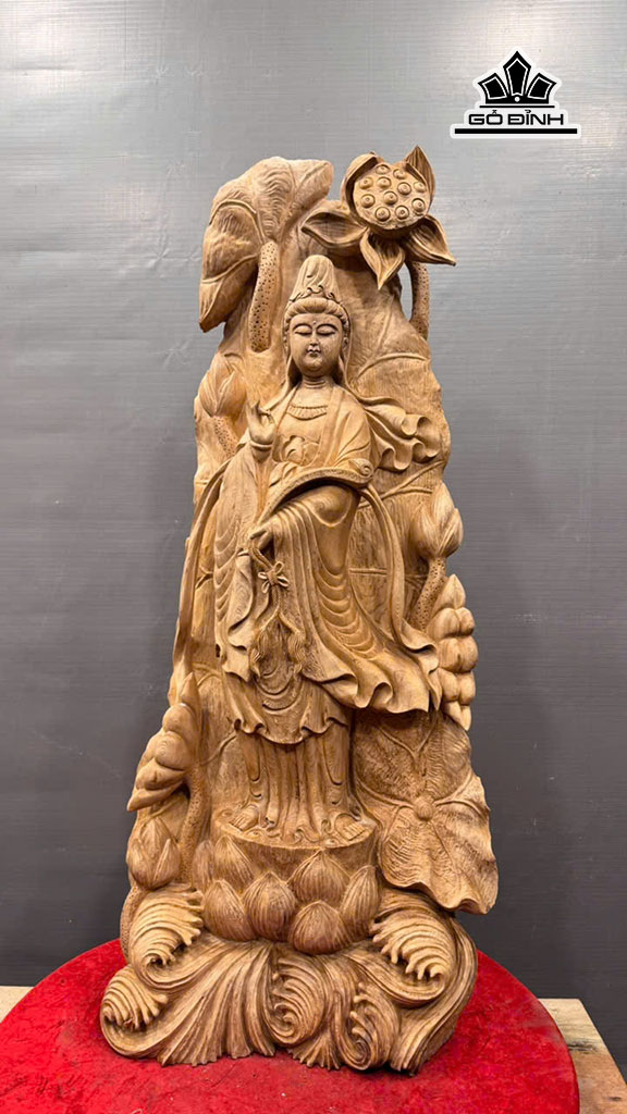 Tượng Phật Bà Quan Âm Ngự Đài Sen Gỗ Ngọc Am Cao 91 Ngang 40 Sâu 20 (cm) 22kg