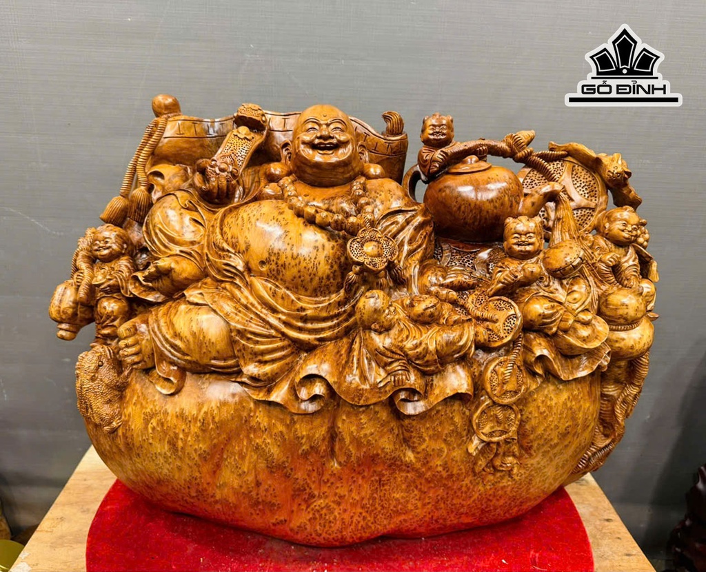 Tượng Phật Di Lặc Ngũ Phúc Gỗ Nu Ngọc Am Cao 47 Ngang 63 Sâu 27 (cm) 27,5kg