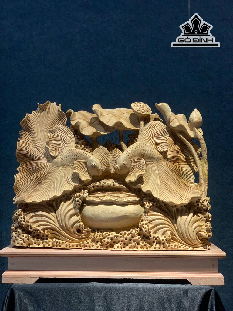 Tượng Cá Xiêm Đôi Gỗ Ngọc Am Cao 50 Ngang 63 Sâu 17 (cm)
