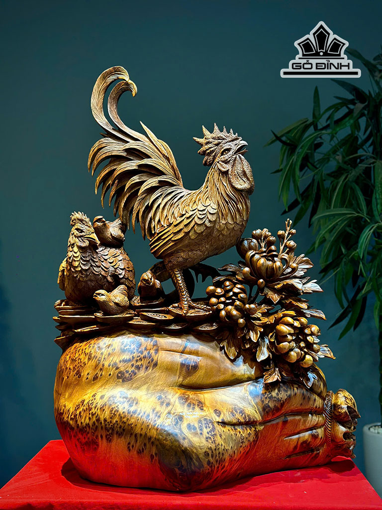 Tượng Gia Đình Gà Gỗ Nu Ngọc Am Cao 74 Ngang 52 Sâu 25 (cm)