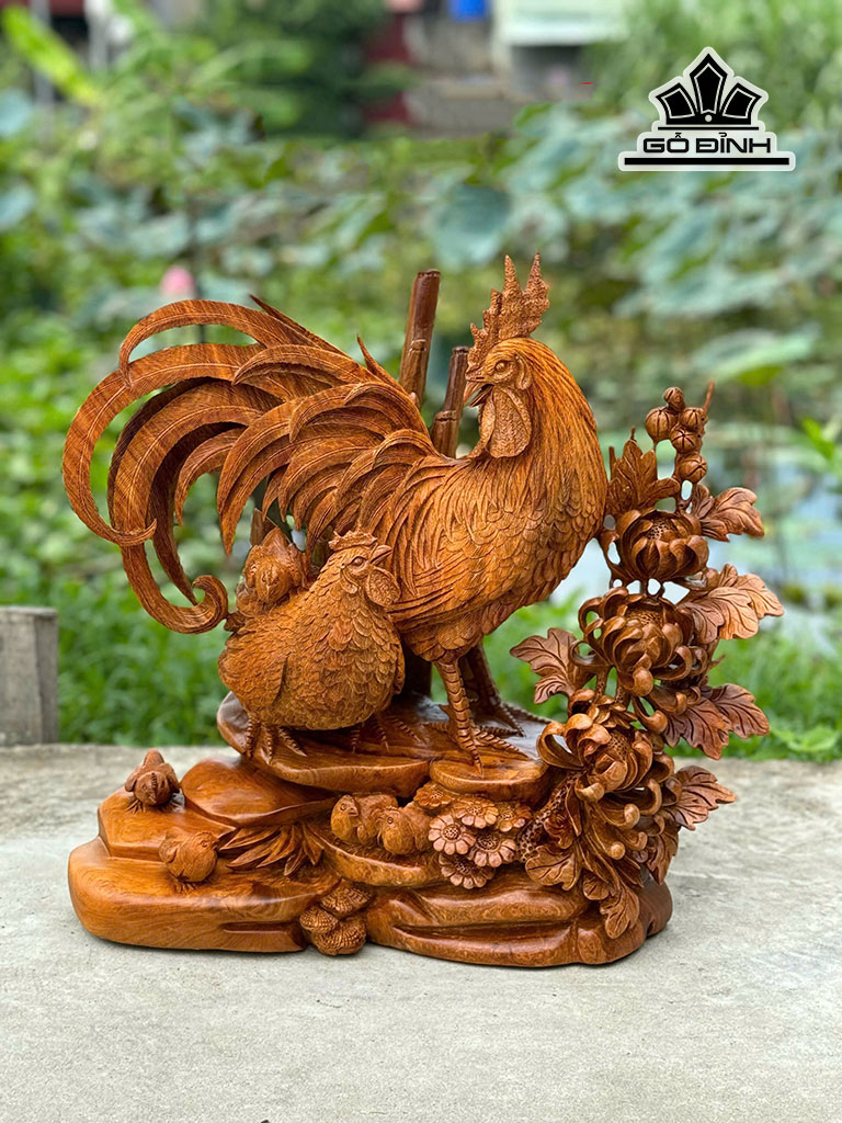 Tượng Gia Đình Gà Gỗ Hương Cao 55 Ngang 56 Sâu 31 (cm)