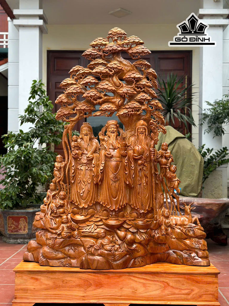 Tượng Phúc Lộc Thọ (Tam Đa) Gỗ Ngọc Am Cao 135 - Cao Cả Kỷ 212 Ngang 146 Sâu 39 (cm)