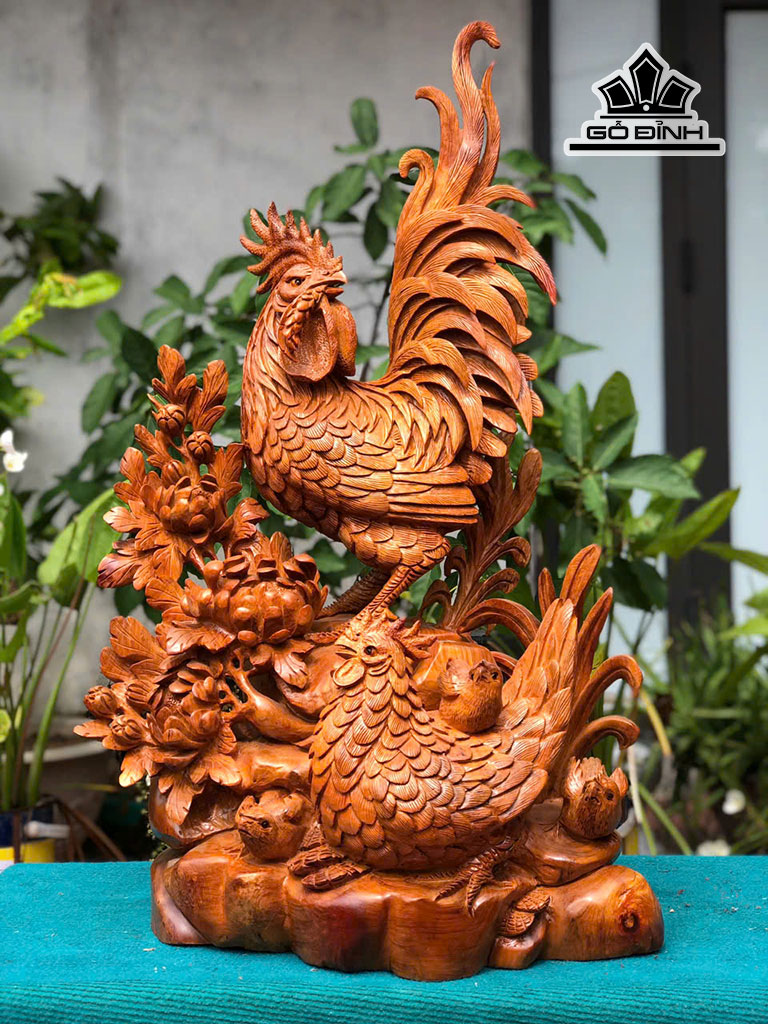 Tượng Gia Đình Gà Gỗ Hương Cao 81 Ngang 52 Sâu 35 (cm)