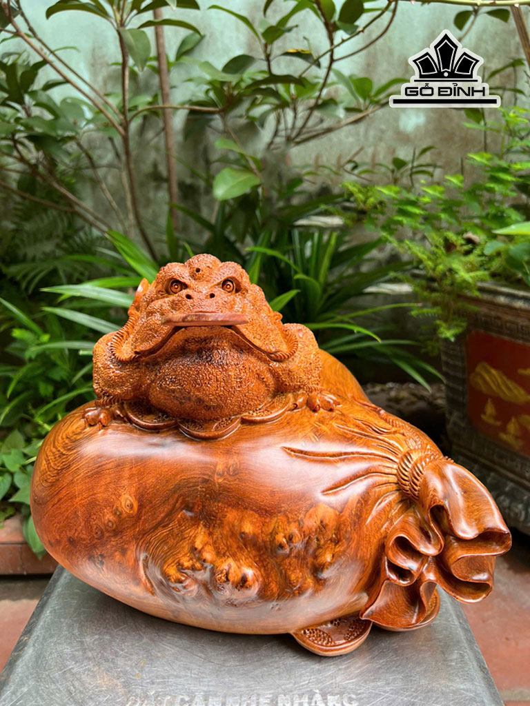 Tượng Thiềm Thừ Nằm Chum Tiền Gỗ Nu Hương Cao 26 Ngang 32 Sâu 26 (cm)