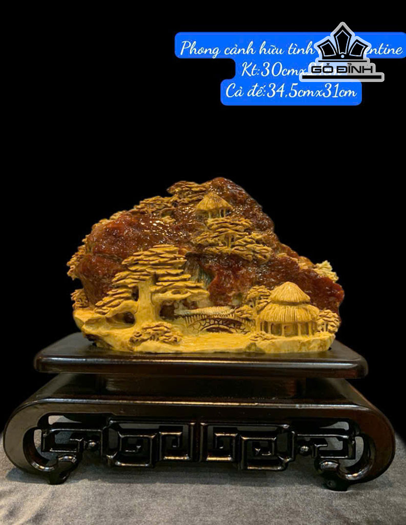 Tác Phẩm Phong Cảnh Hữu Tình Đá Serpentine Cao 30 Ngang 21 Cả Đế Cao 34,5 Ngang 31 (cm)