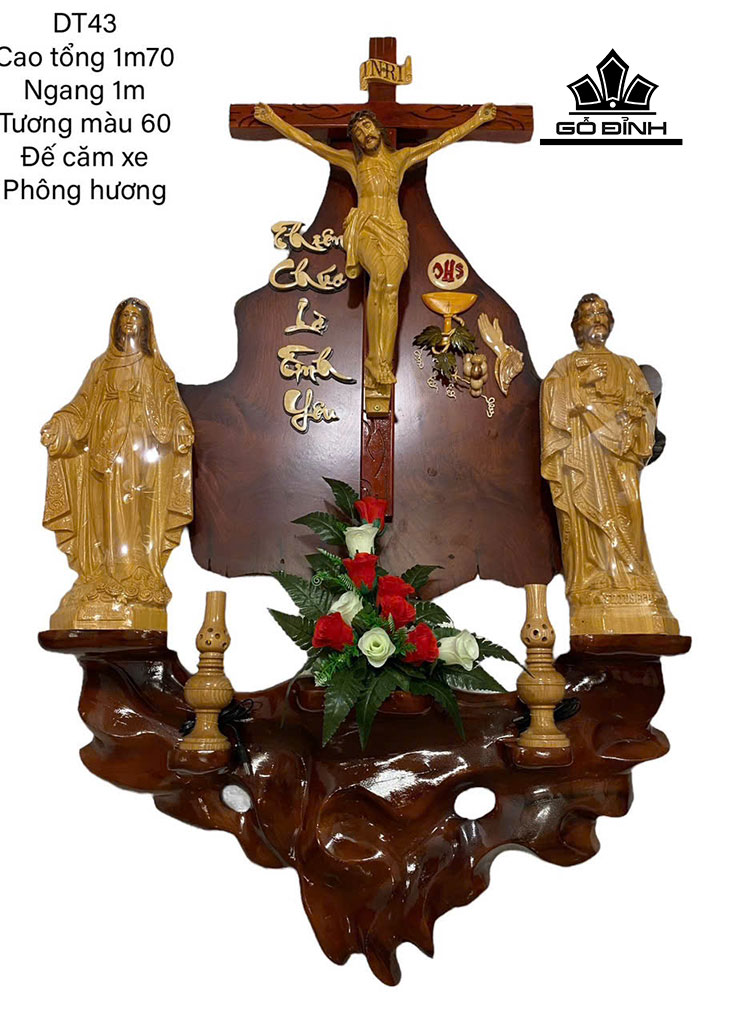 Mã DT43- Bàn Thờ Công Giáo - Đế Căm Xe - Phông Hương - Cao Tổng 170 Ngang 100 Tượng Màu 60 (cm)