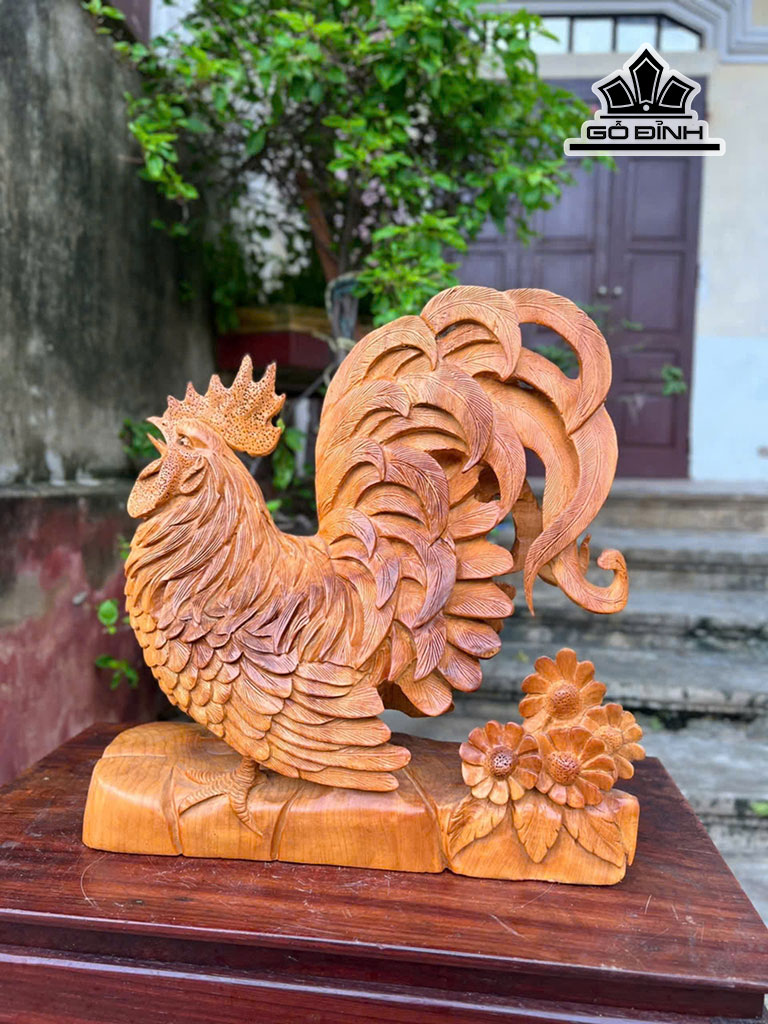 Tượng Gà Trống Gỗ Ngọc Am Cao 44 Ngang 41 Sâu 13 (cm)