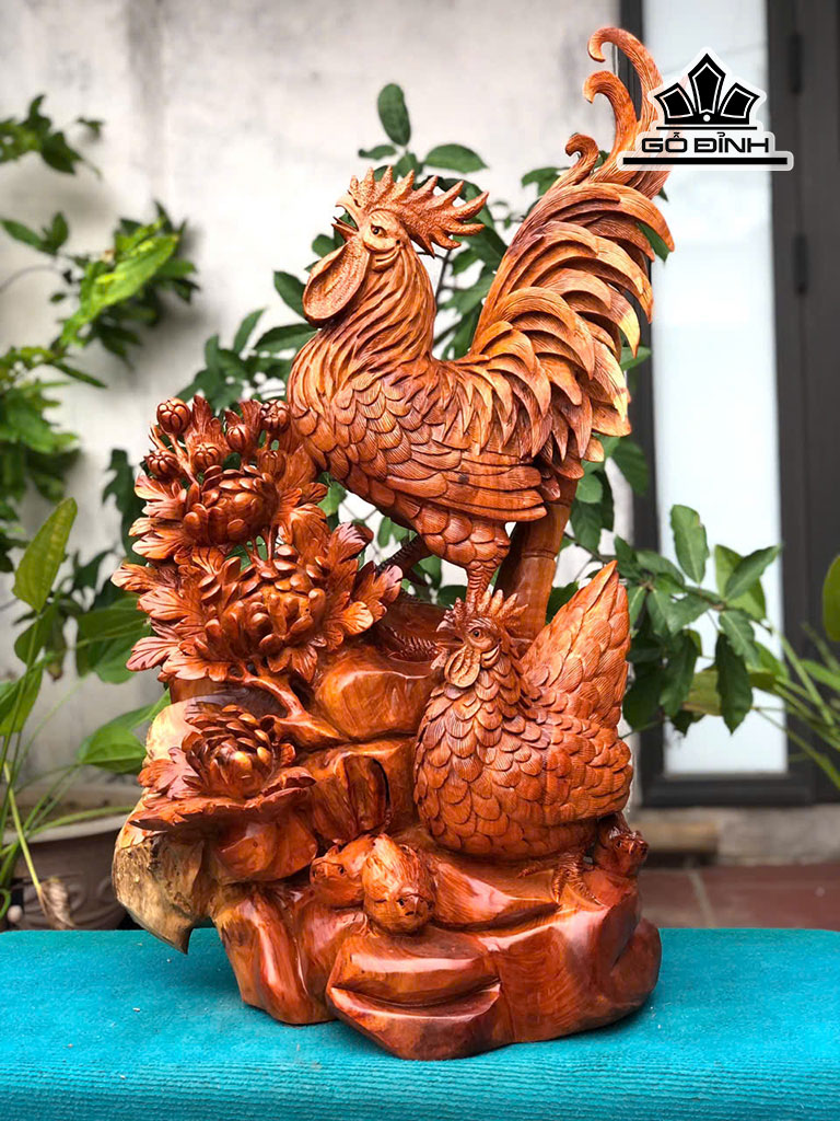 Tượng Gia Đình Gà Gỗ Hương Cao 85 Ngang 52 Sâu 35 (cm)