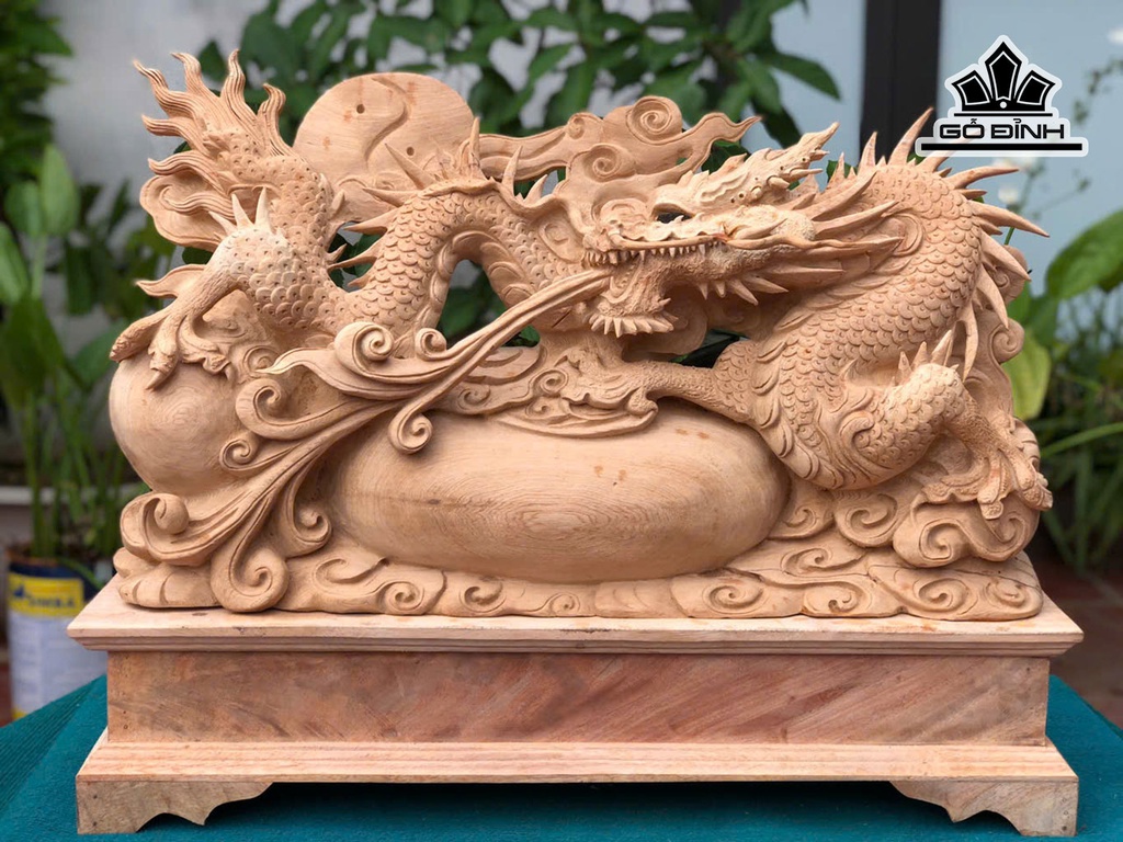 Tượng Nhất Long Vờn Chum Tiền Gỗ Ngọc Am Cao 37 Ngang 66 Sâu 17 (cm) - Cao Cả Kỷ  52 (cm)