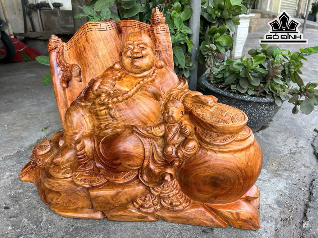 Tượng Phật Di Lặc Nhất Phúc Gỗ Hương Cao 44 Ngang 64 Sâu 32 (cm)