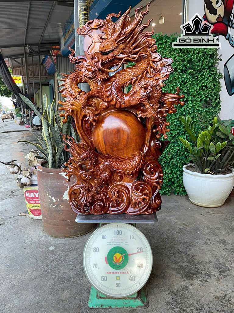Tượng Rồng ( Nhất Long Vờn Ngọc ) Gỗ Hương Cao 80 Ngang 50 Sâu 26 (cm)