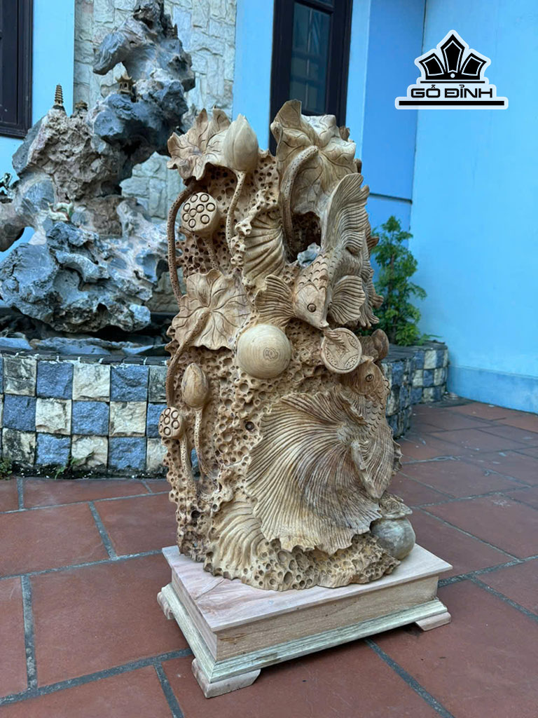 Tượng Cá Xiêm Uyên Ương Gỗ Ngọc Am Cao 82 Ngang 43 Sâu 24 (cm)
