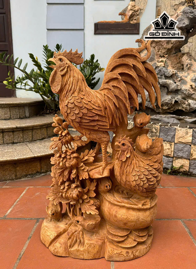 Tượng Gia Đình Gà Gỗ Ngọc Am Cao 74 Ngang 43 Sâu 18 (cm)