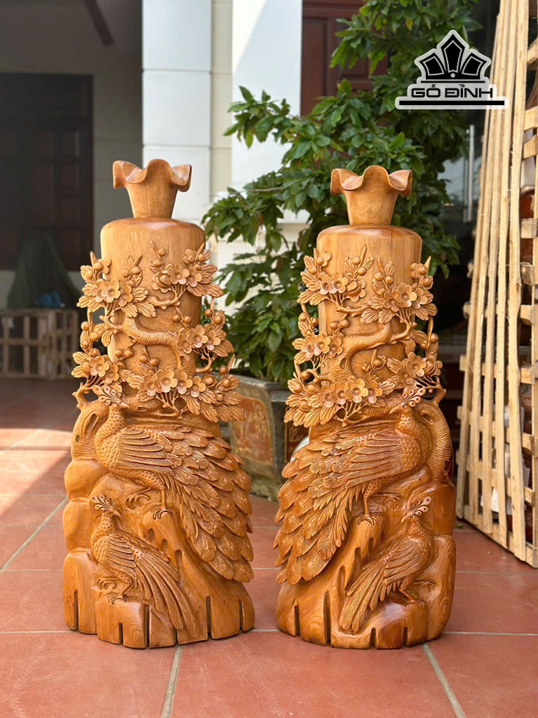 Cặp Lục Bình Chim Công Gỗ Ngọc Am Cao 100 Ngang 40 Sâu 29 (cm)