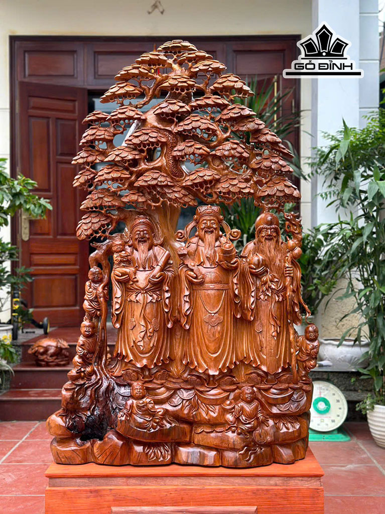 Tượng Phúc Lộc Thọ (Tam Đa) Gỗ Ngọc Am Cao 159 - Cả Kỷ Cao 200 Ngang 98 Sâu 46 (cm)