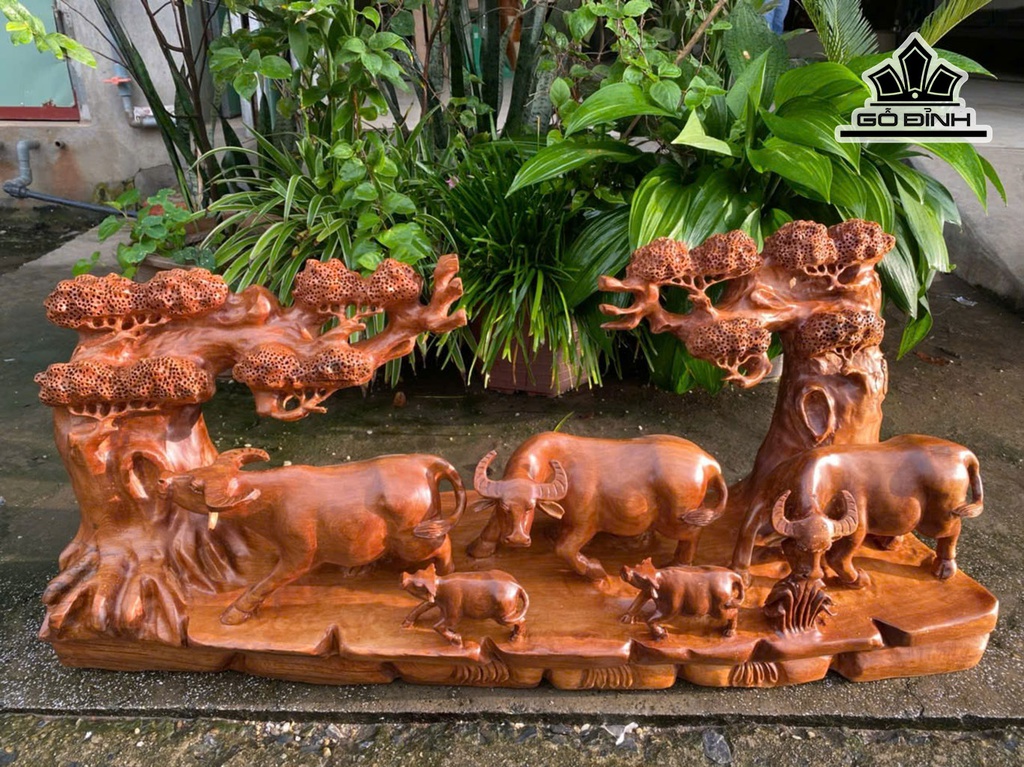 Tượng Gia Đình Trâu Gỗ Ngọc Am Cao 40 Ngang 97 Sâu 26 (cm)