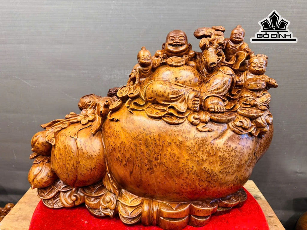 Tượng Phật Di Lặc Tam Phúc Gỗ Nu Ngọc Am Cao 46 Ngang 63 Sâu 26 (cm) 21kg