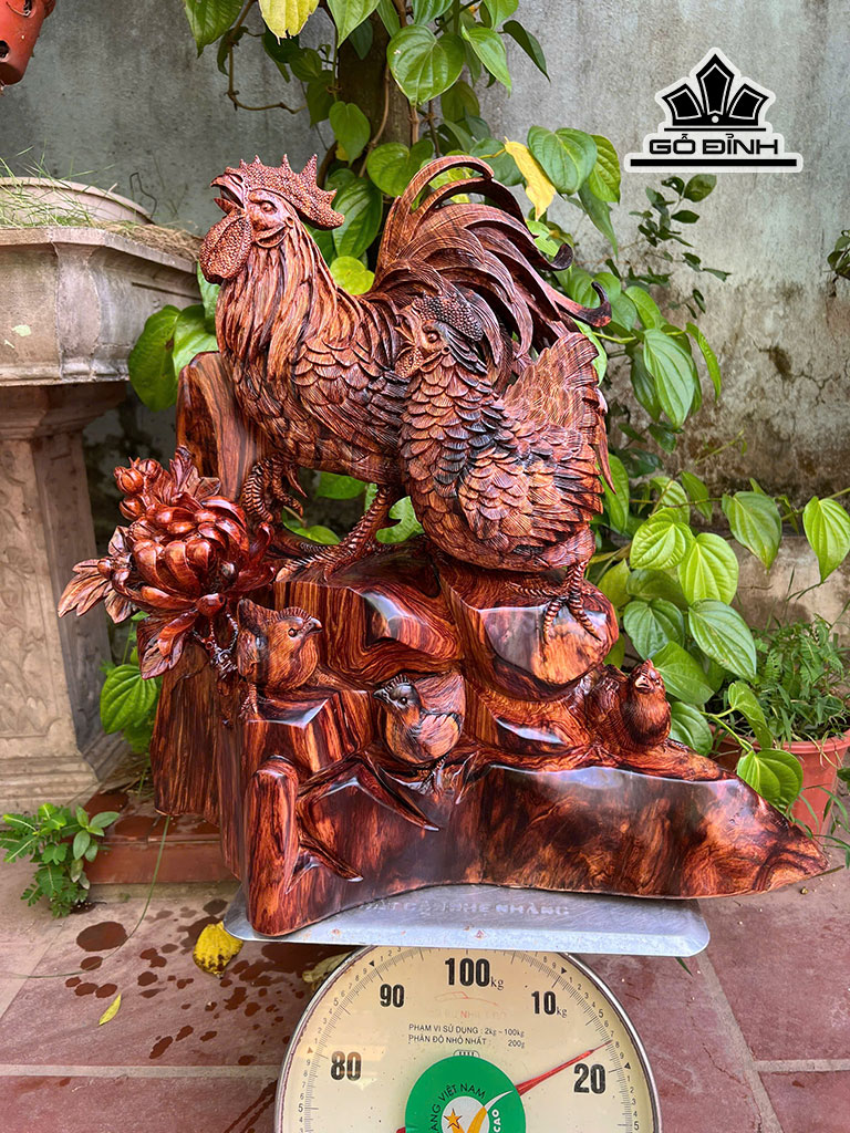 Tượng Gia Đình Gà Gỗ Cẩm Cao 52 Ngang 55 Sâu 30 (cm)