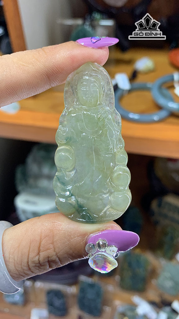 Mặt Dây Quan Âm Đá Cẩm Thạch Jadeite A Myama Cao 54,9 Ngang 26.5 Sâu 5,2 (mm) 12,9gr