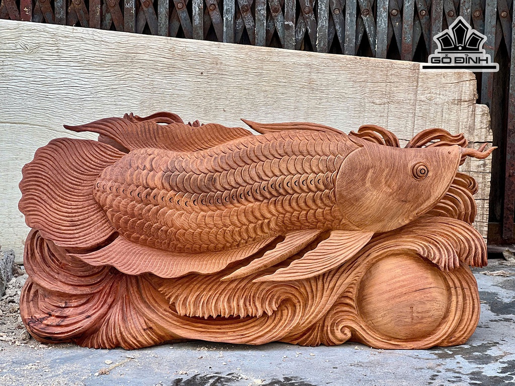 Tượng Cá Kim Long Gỗ Hương Cao 29 Ngang 62 Sâu 10 (cm)