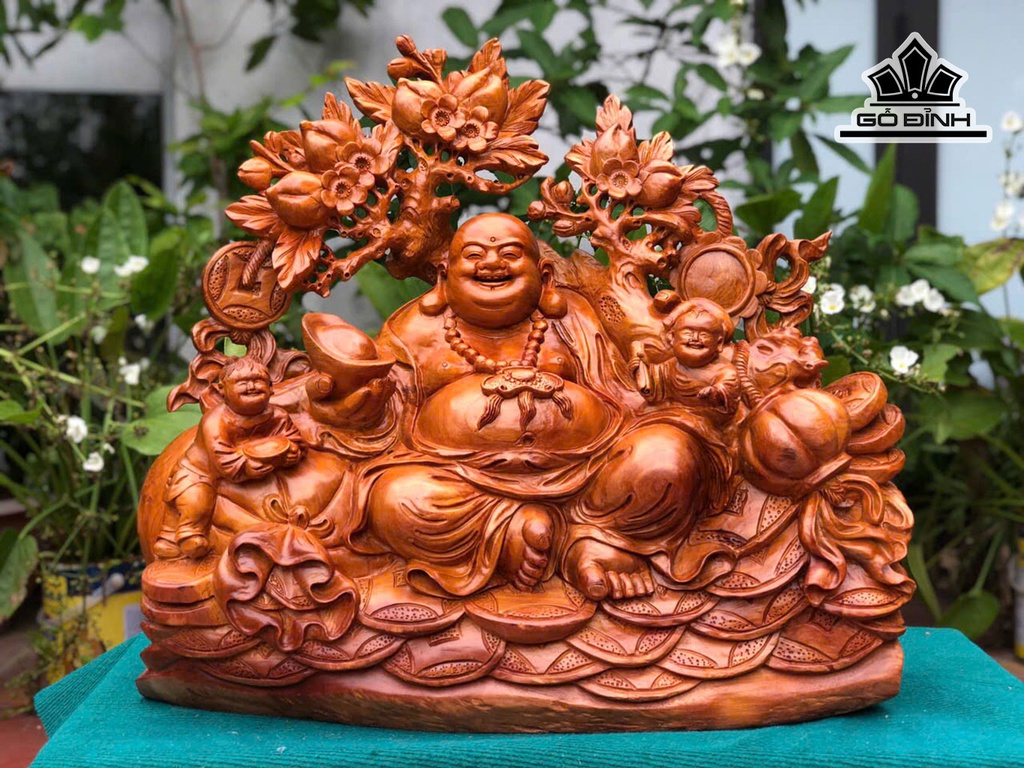 Tượng Phật Di Lặc Nhị Phúc Gỗ Hương Ngang 68 Cao 60 Sâu 26 (cm)