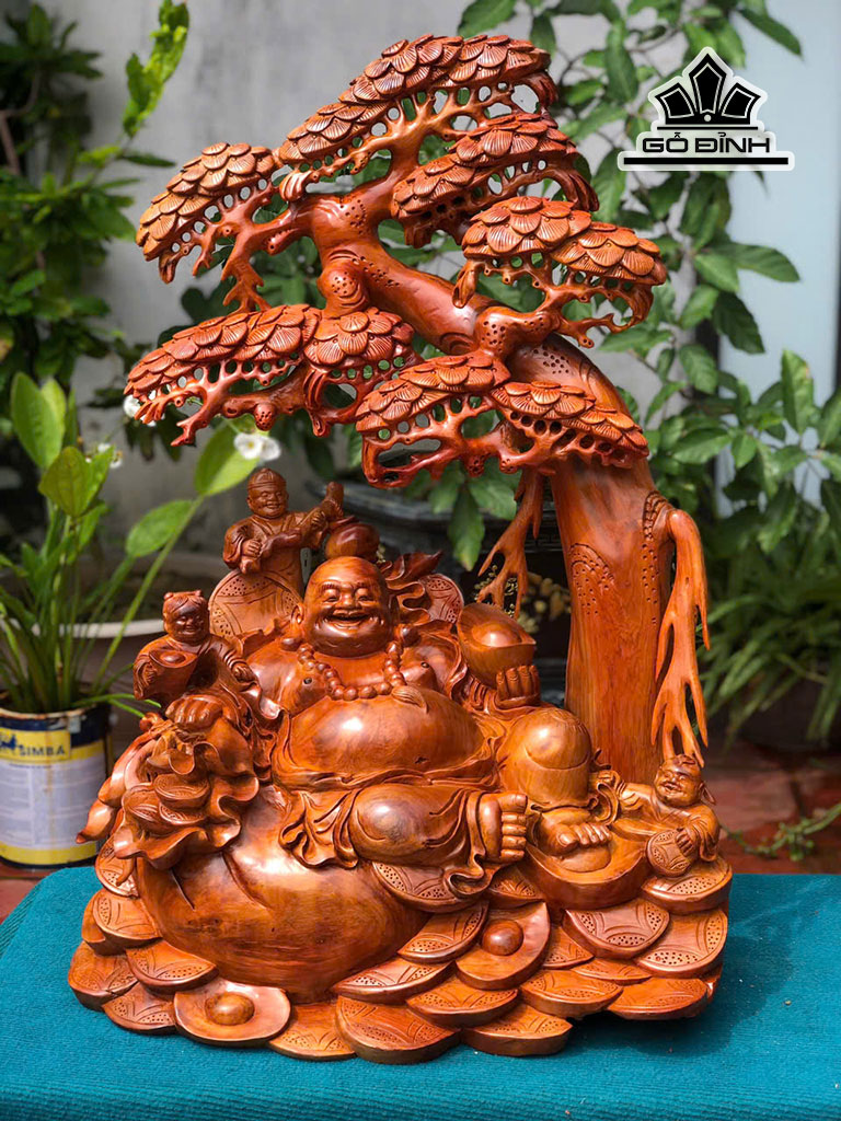 Tượng Phật Di Lặc Tam Phúc Gỗ Hương Cao 83 Ngang 60 Sâu 39 (cm)