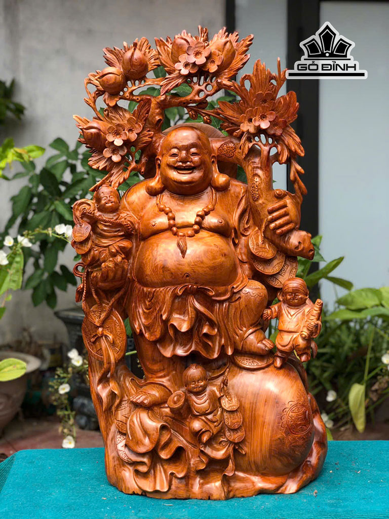 Tượng Phật Di Lặc Tam Phúc Gỗ Hương Cao 88 Ngang 50 Sâu 24 (cm)
