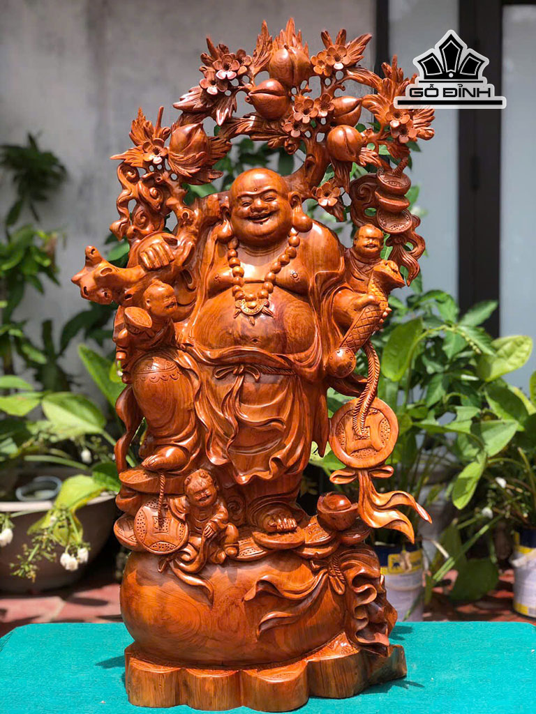 Tượng Phật Di Lặc Tam Phúc Gỗ Hương Cao 95 Ngang 50 Sâu 28 (cm)