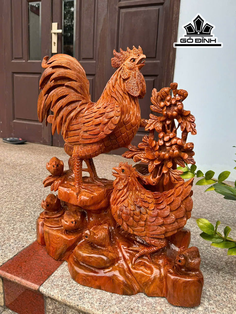 Tượng Gia Đình Gà Gỗ Ngọc Am Cao 66 Ngang 57 Sâu 27 (cm)