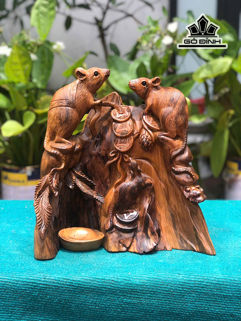 Tượng Gia Đình Chuột Gỗ Bách Xanh Cao 36 Ngang 35 Sâu 16 (cm)