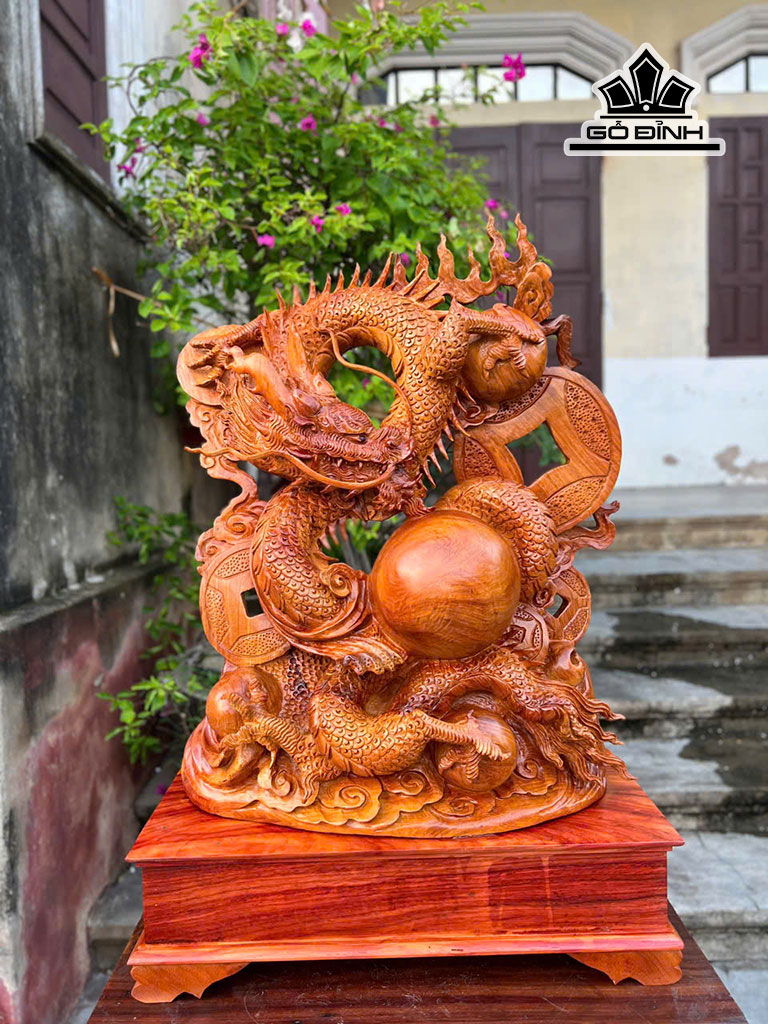 Tượng Rồng ( Nhất Long) Gỗ Hương Cao 65 - Cao Cả Kỷ 80 Ngang 50 Sâu 20 (cm)