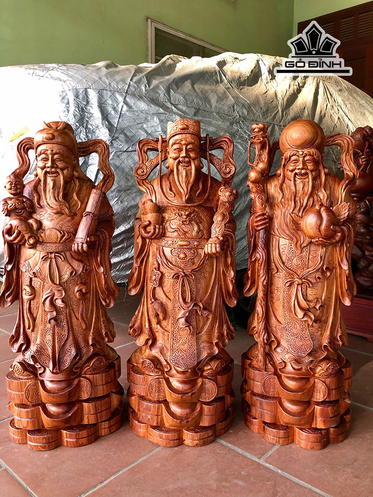Tượng Phúc Lộc Thọ (Tam Đa) Gỗ Hương Cao 80 Ngang 28 Sâu 24 (cm)