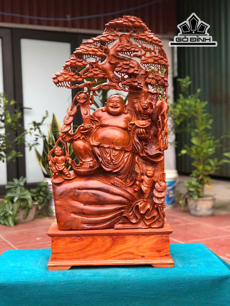 Tượng Phật Di Lặc Tam Phúc Gỗ Hương Cao 80 Ngang 42 Sâu 23 (cm) - Cả Kỷ Cao 93