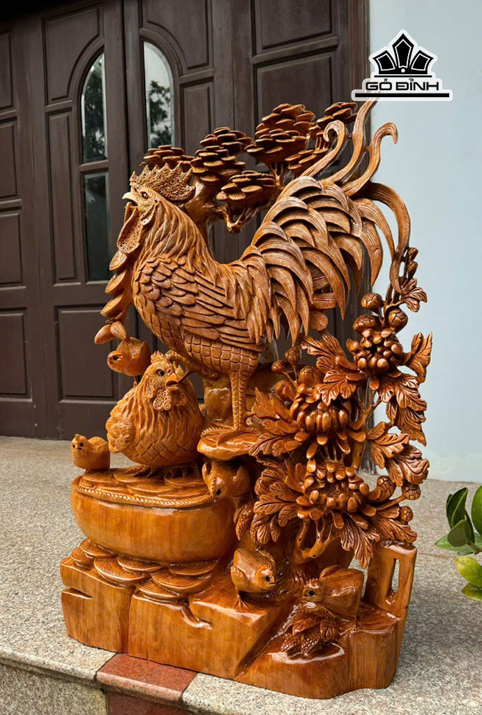 Tượng Gia Đình Gà Gỗ Ngọc Am Cao 93 Ngang 60 Sâu 28 (cm)