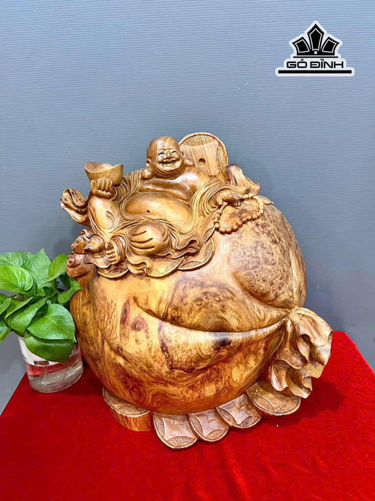 Tượng Phật Di Lặc Ngự Bao Tiền Gỗ Nu Hương Cao 44 Ngang 42 Sâu 22 (cm)