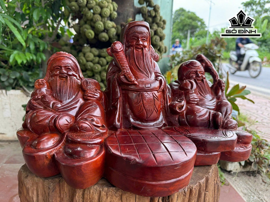 Tượng Phúc Lộc Thọ (Tam Đa) Gỗ Hương Cao 23 Ngang 40 Sâu 28 (cm)
