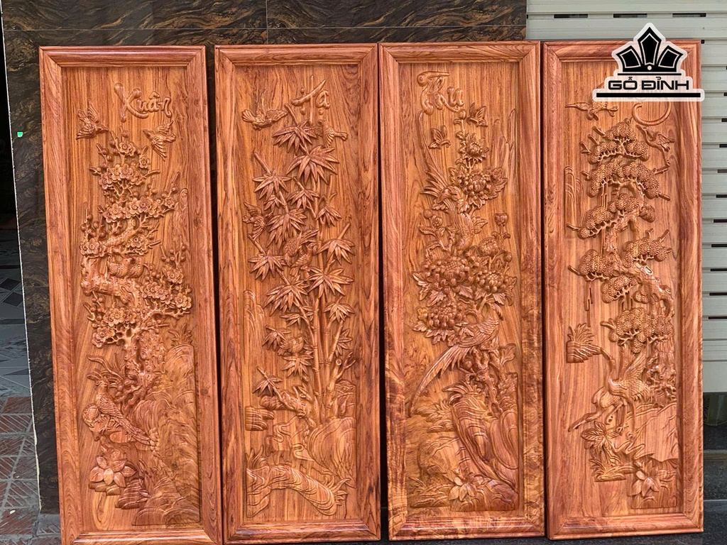 Tranh Xuân Hạ Thu Đông ( Tứ Quý) Gỗ Hương Gỗ Hương Đá Kích Thước 37x107x4 (cm)